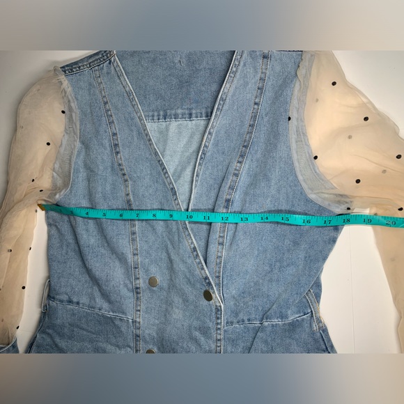 Denim Dress with Mesh See through Sleeves V neck Denim Dress - Picture 6 of 14